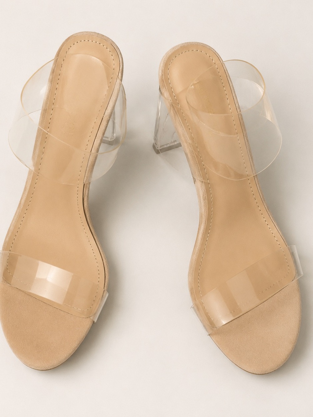 Fashion Nova Clear Two-Band Lucite Block Heel Sandals - Nude Size 8.5